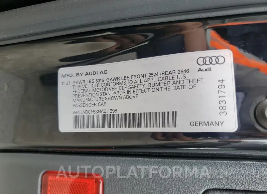 AUDI A5 PREMIUM 2022 vin WAUABCF53NA011298 from auto auction Copart