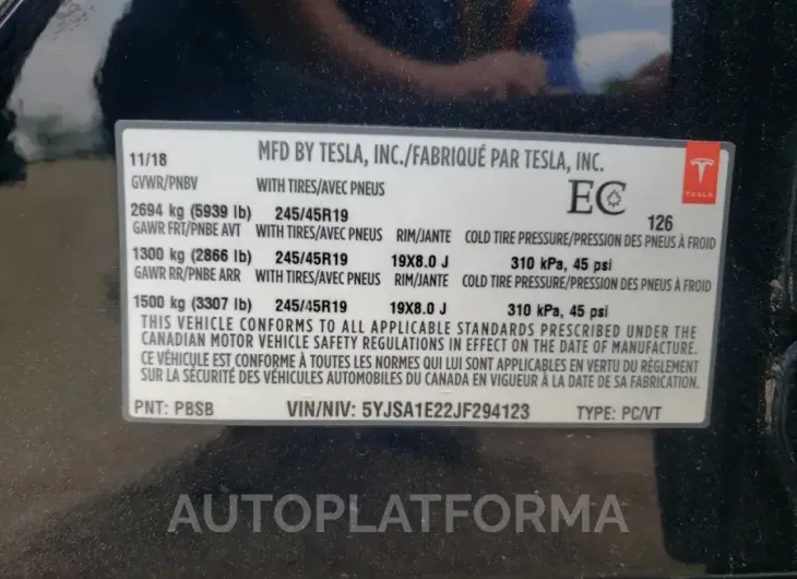 TESLA MODEL S 2018 vin 5YJSA1E22JF294123 from auto auction Copart