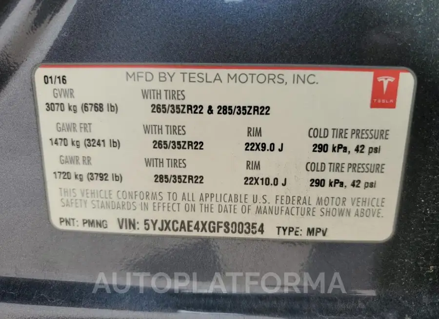 TESLA MODEL X 2016 vin 5YJXCAE4XGFS00354 from auto auction Copart