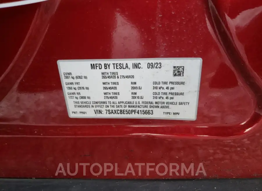 TESLA MODEL X 2023 vin 7SAXCBE50PF415663 from auto auction Copart