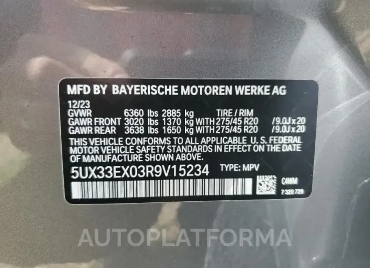 BMW X6 XDRIVE4 2024 vin 5UX33EX03R9V15234 from auto auction Copart