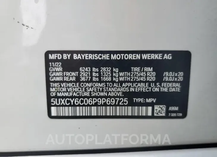 BMW X6 XDRIVE4 2023 vin 5UXCY6C06P9P69725 from auto auction Copart