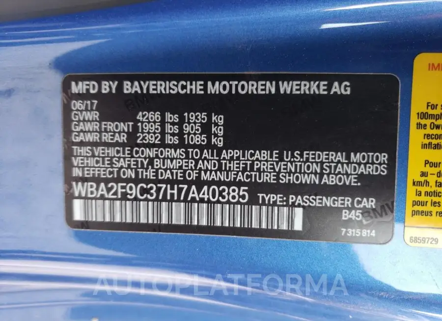 BMW 230I 2017 vin WBA2F9C37H7A40385 from auto auction Copart