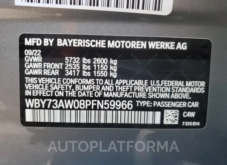 BMW I4 EDRIVE 2023 vin WBY73AW08PFN59966 from auto auction Copart