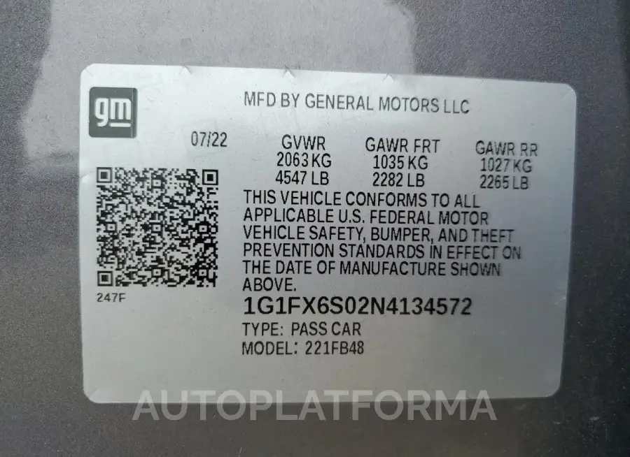 CHEVROLET BOLT EV 2L 2022 vin 1G1FX6S02N4134572 from auto auction Copart