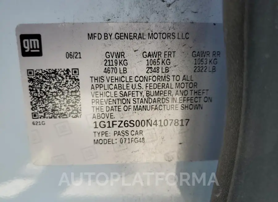 CHEVROLET BOLT EUV P 2022 vin 1G1FZ6S00N4107817 from auto auction Copart