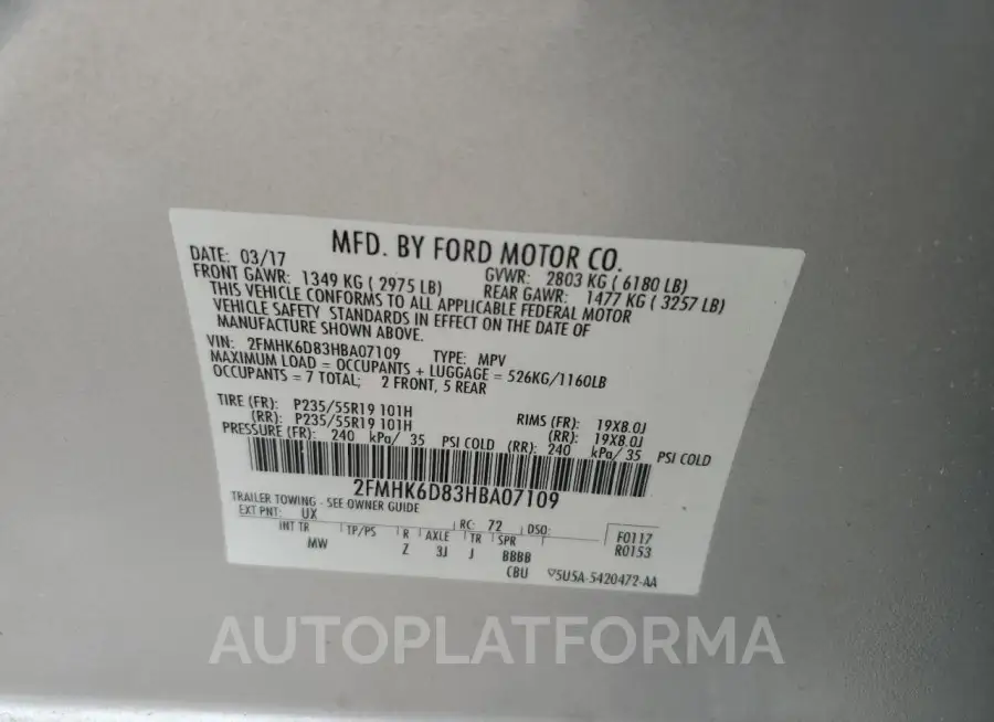 FORD FLEX LIMIT 2017 vin 2FMHK6D83HBA07109 from auto auction Copart