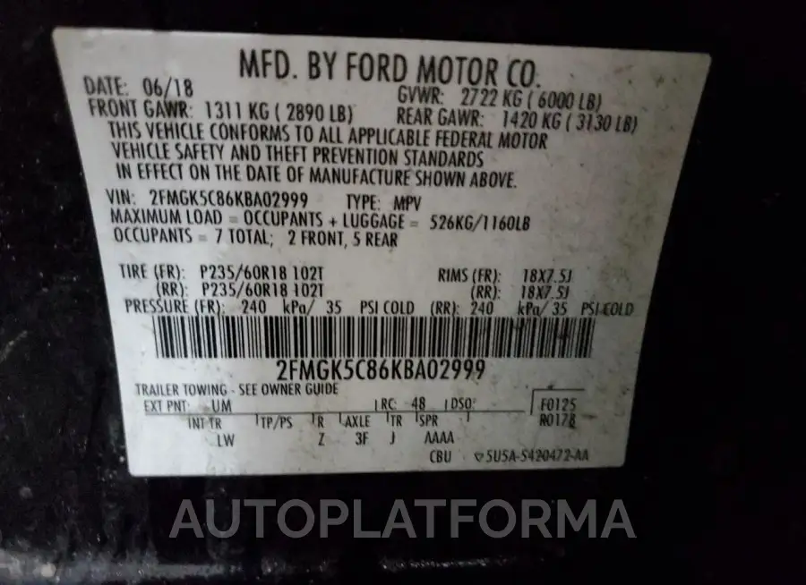 FORD FLEX SEL 2019 vin 2FMGK5C86KBA02999 from auto auction Copart