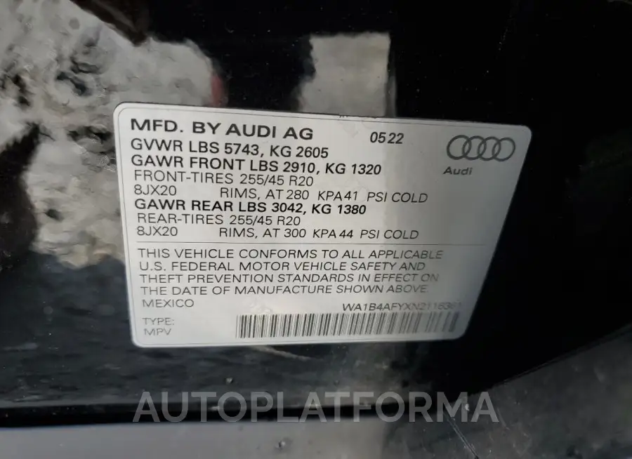 AUDI SQ5 PREMIU 2022 vin WA1B4AFYXN2116361 from auto auction Copart