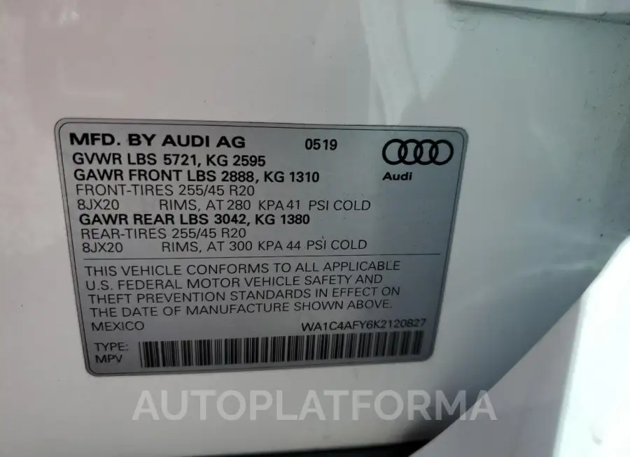 AUDI SQ5 PRESTI 2019 vin WA1C4AFY6K2120827 from auto auction Copart