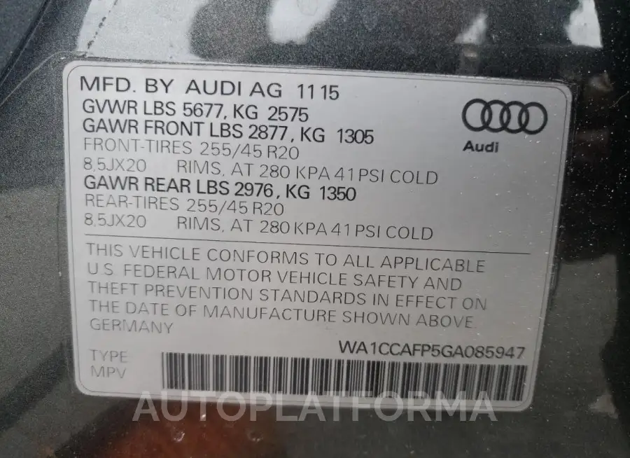 AUDI SQ5 PREMIU 2016 vin WA1CCAFP5GA085947 from auto auction Copart