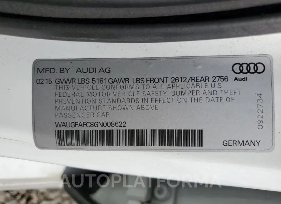 AUDI A6 PREMIUM 2016 vin WAUGFAFC8GN008622 from auto auction Copart