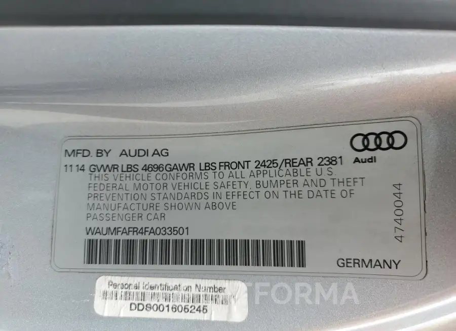 AUDI A5 PREMIUM 2015 vin WAUMFAFR4FA033501 from auto auction Copart