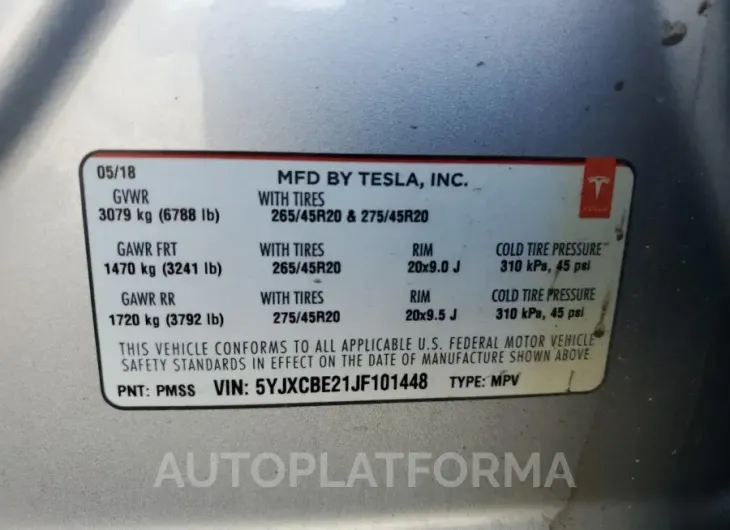 TESLA MODEL X 2018 vin 5YJXCBE21JF101448 from auto auction Copart