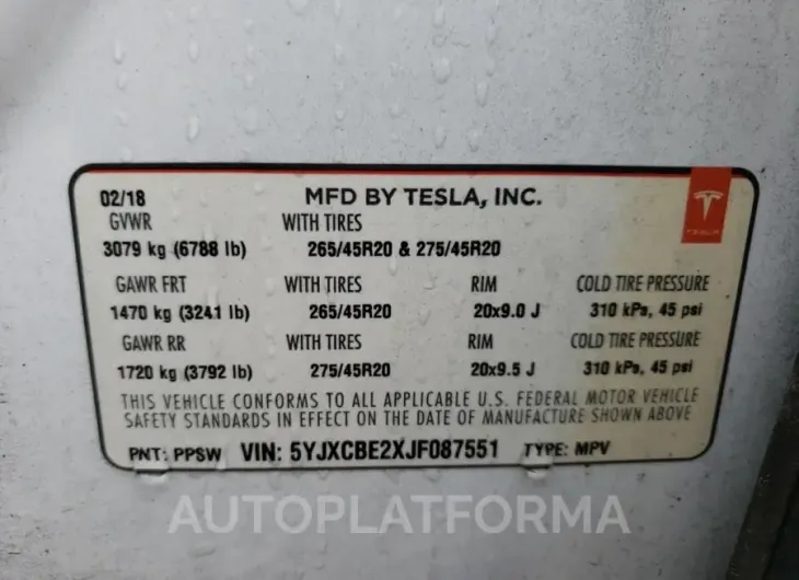 TESLA MODEL X 2018 vin 5YJXCBE2XJF087551 from auto auction Copart