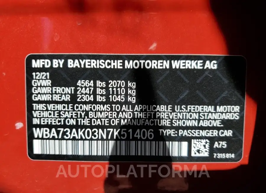 BMW 228XI 2022 vin WBA73AK03N7K51406 from auto auction Copart