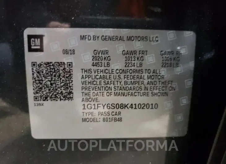 CHEVROLET BOLT EV LT 2019 vin 1G1FY6S08K4102010 from auto auction Copart