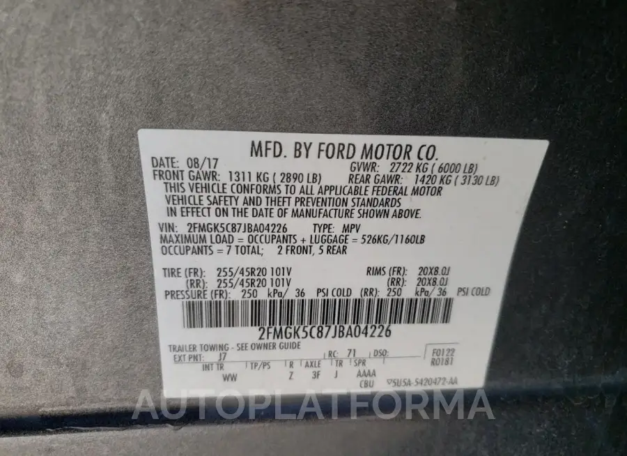 FORD FLEX SEL 2018 vin 2FMGK5C87JBA04226 from auto auction Copart