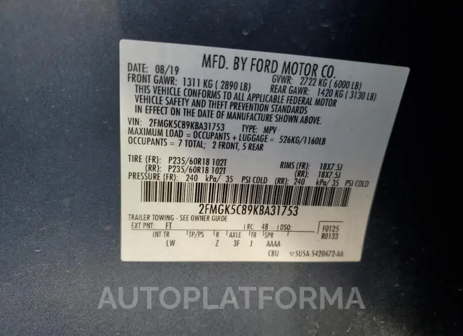 FORD FLEX SEL 2019 vin 2FMGK5C89KBA31753 from auto auction Copart