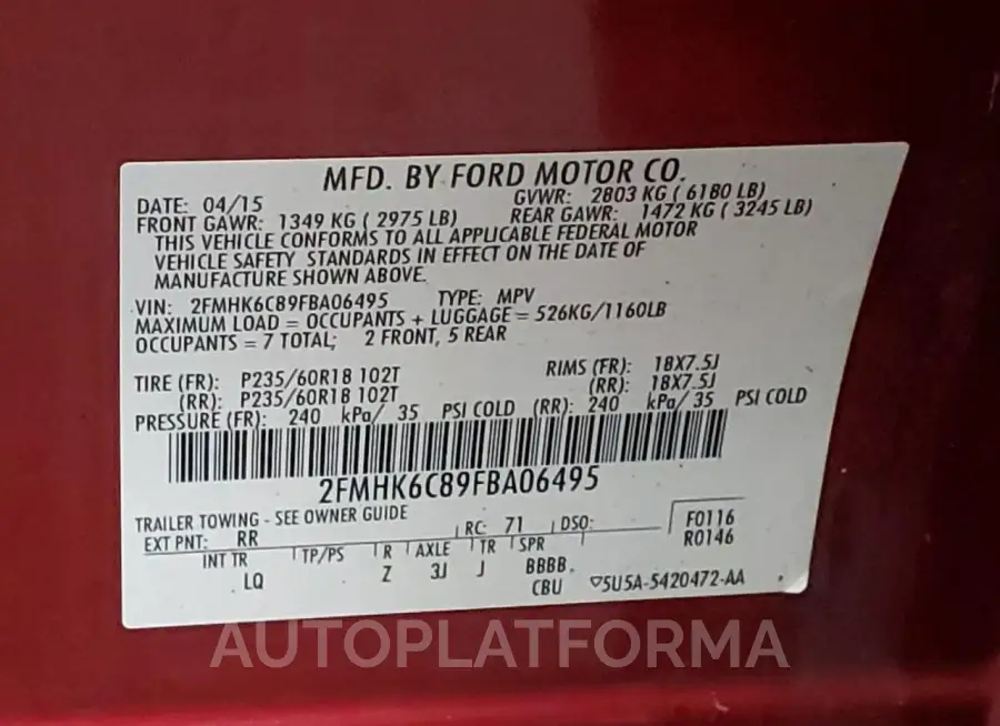 FORD FLEX SEL 2015 vin 2FMHK6C89FBA06495 from auto auction Copart