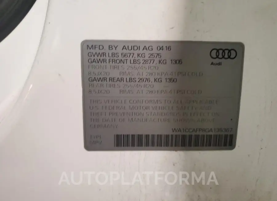 AUDI SQ5 PREMIU 2016 vin WA1CCAFP8GA135367 from auto auction Copart