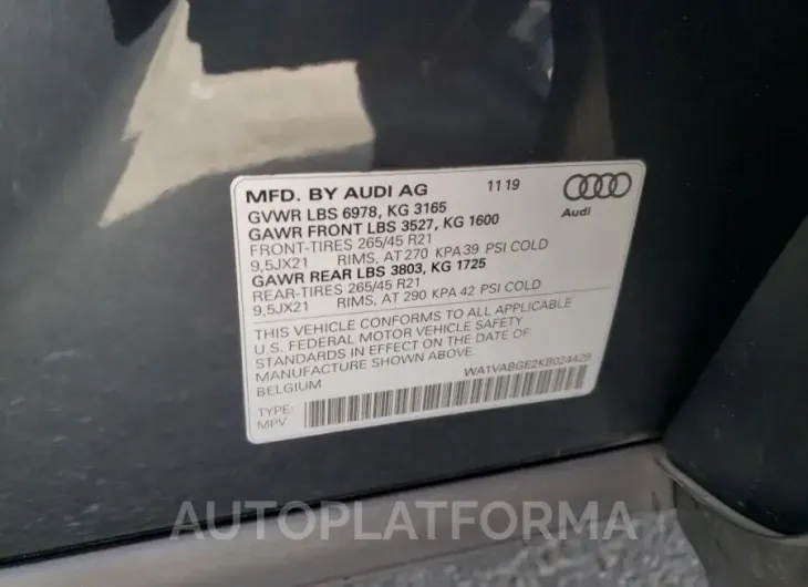 AUDI E-TRON PRE 2019 vin WA1VABGE2KB024429 from auto auction Copart