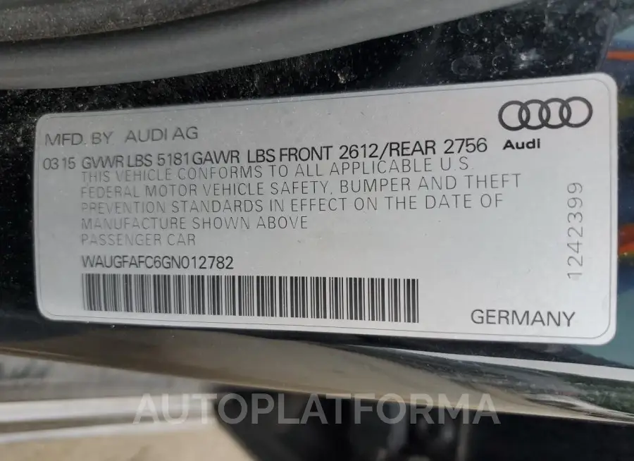 AUDI A6 PREMIUM 2016 vin WAUGFAFC6GN012782 from auto auction Copart