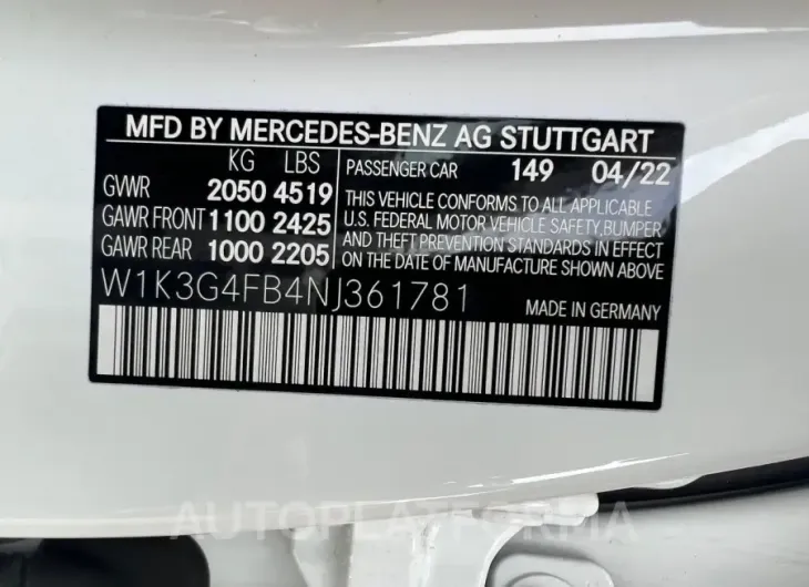 MERCEDES-BENZ A 220 4MAT 2022 vin W1K3G4FB4NJ361781 from auto auction Copart