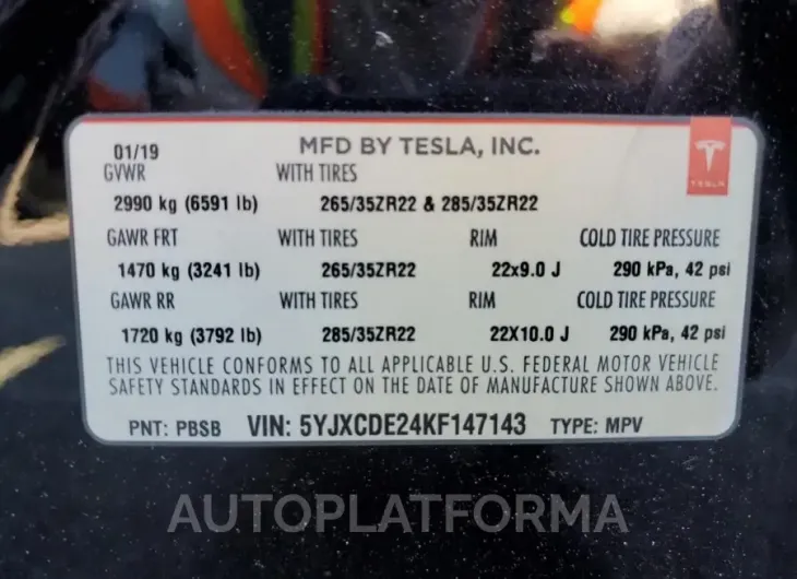 TESLA MODEL X 2019 vin 5YJXCDE24KF147143 from auto auction Copart