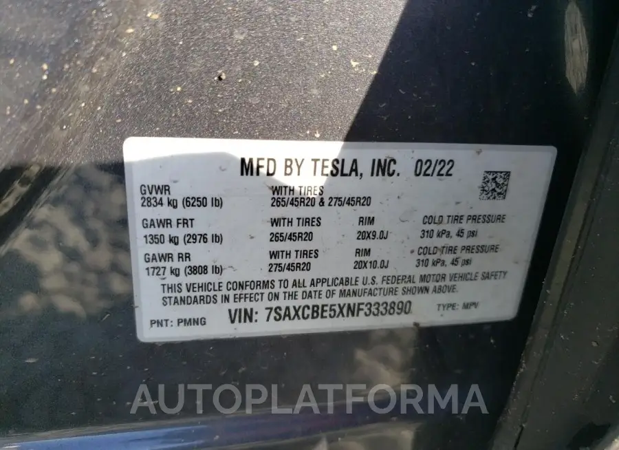 TESLA MODEL X 2022 vin 7SAXCBE5XNF333890 from auto auction Copart