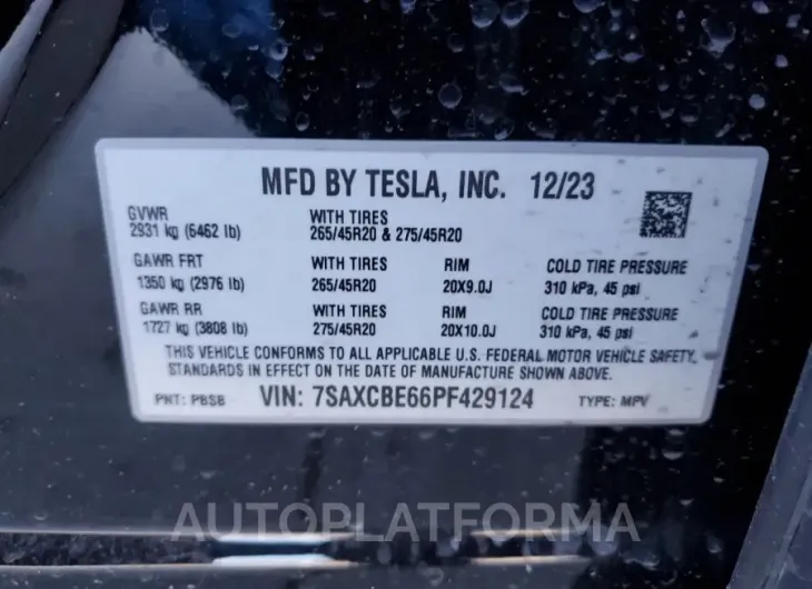 TESLA MODEL X 2023 vin 7SAXCBE66PF429124 from auto auction Copart