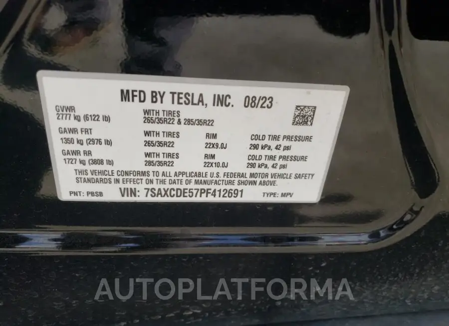 TESLA MODEL X 2023 vin 7SAXCDE57PF412691 from auto auction Copart