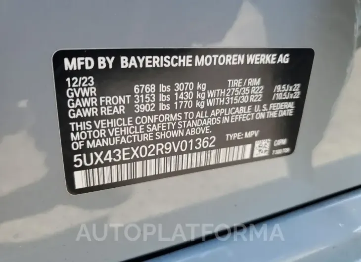 BMW X6 M60I 2024 vin 5UX43EX02R9V01362 from auto auction Copart