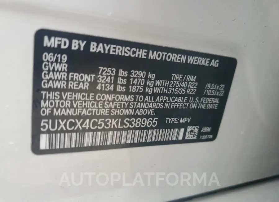 BMW X7 XDRIVE5 2019 vin 5UXCX4C53KLS38965 from auto auction Copart