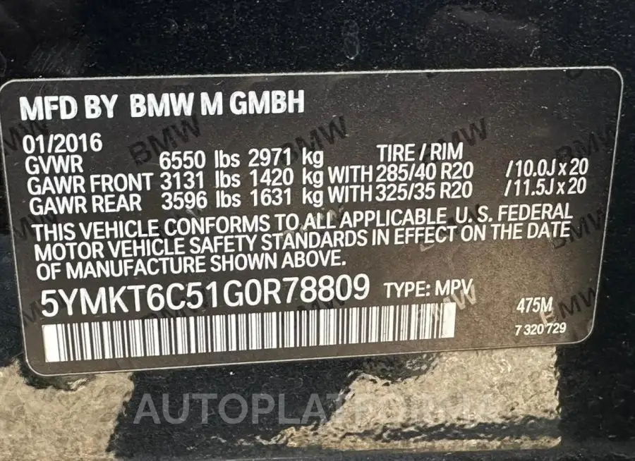 BMW X5 M 2016 vin 5YMKT6C51G0R78809 from auto auction Copart