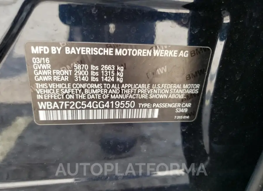 BMW 750 XI 2016 vin WBA7F2C54GG419550 from auto auction Copart