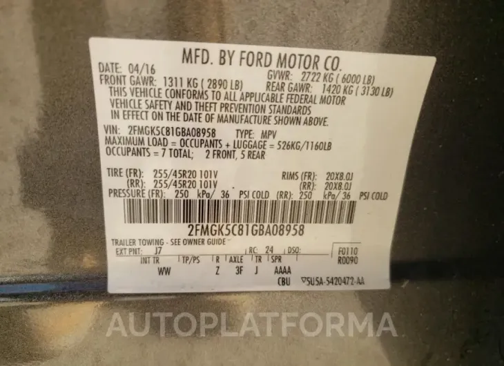 FORD FLEX SEL 2016 vin 2FMGK5C81GBA08958 from auto auction Copart