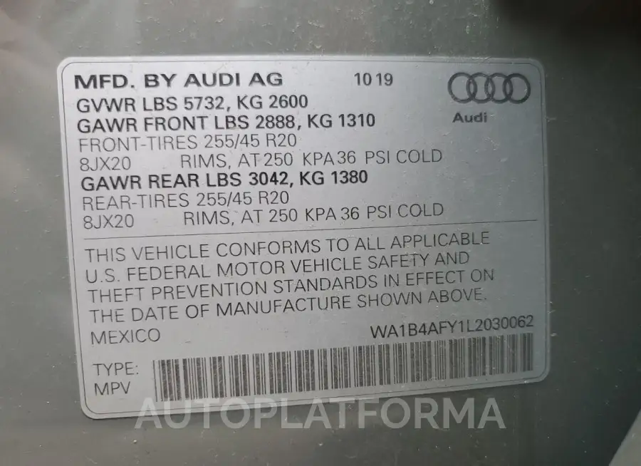 AUDI SQ5 PREMIU 2020 vin WA1B4AFY1L2030062 from auto auction Copart