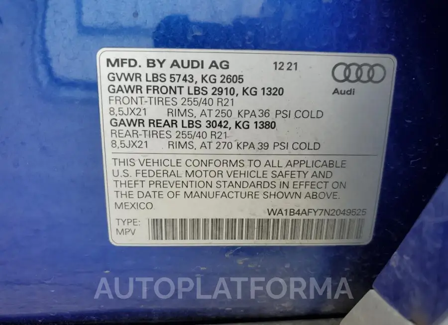 AUDI SQ5 PREMIU 2022 vin WA1B4AFY7N2049525 from auto auction Copart