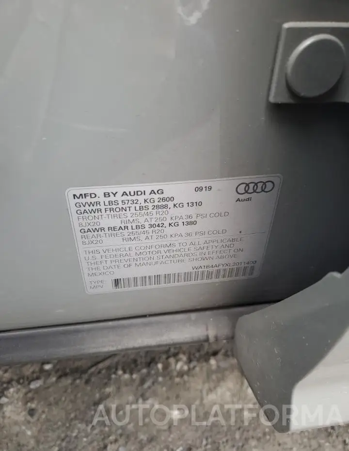 AUDI SQ5 PREMIU 2020 vin WA1B4AFYXL2011400 from auto auction Copart