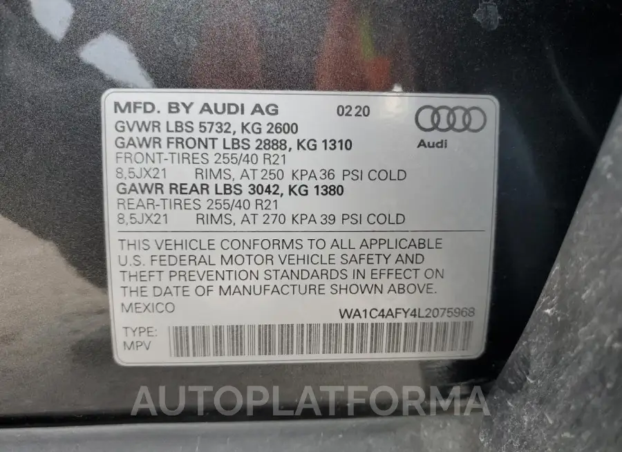 AUDI SQ5 PRESTI 2020 vin WA1C4AFY4L2075968 from auto auction Copart