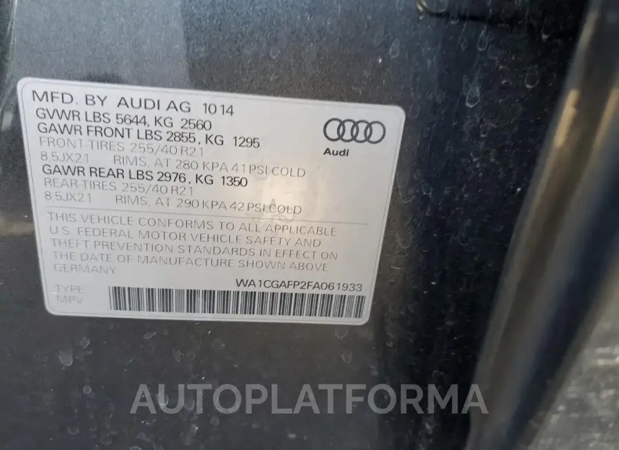 AUDI SQ5 PREMIU 2015 vin WA1CGAFP2FA061933 from auto auction Copart