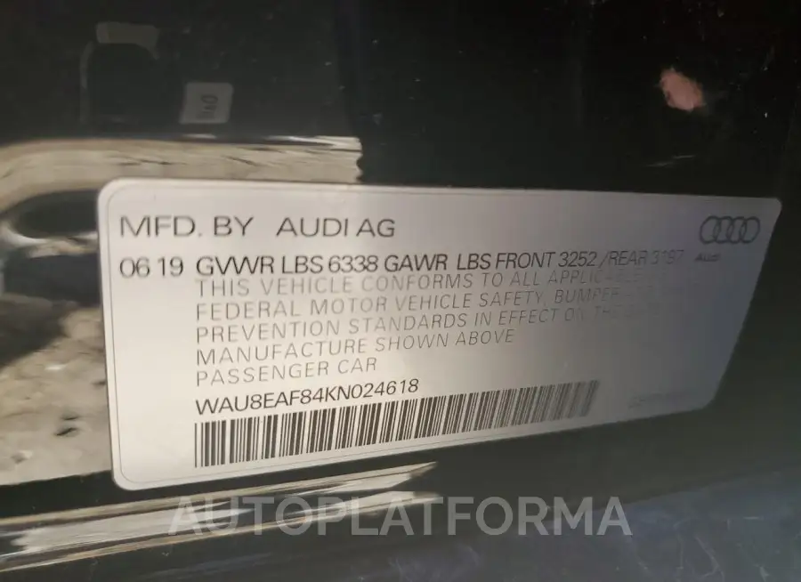 AUDI A8 L 2019 vin WAU8EAF84KN024618 from auto auction Copart