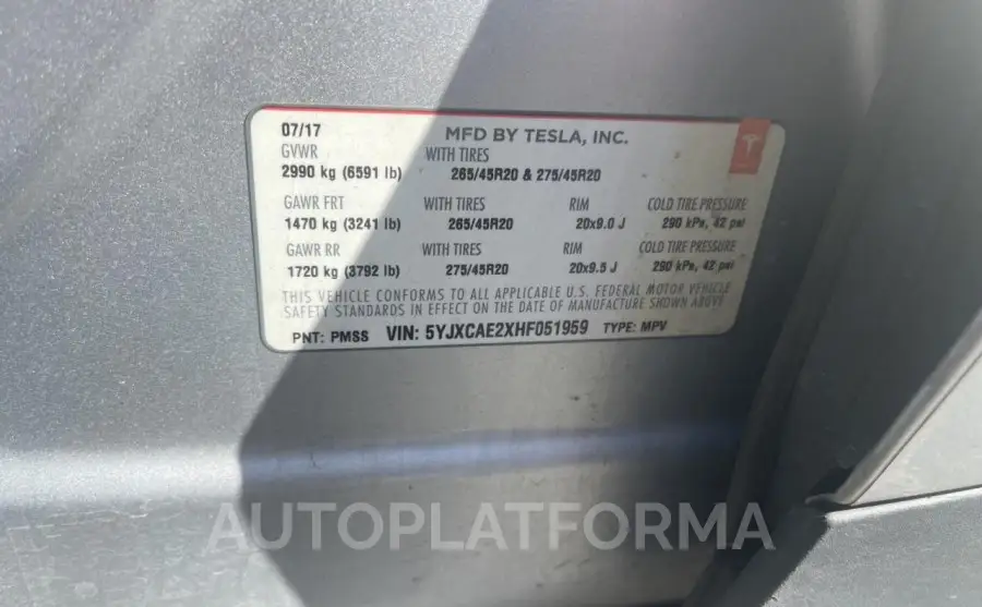 TESLA MODEL X 2017 vin 5YJXCAE2XHF051959 from auto auction Copart