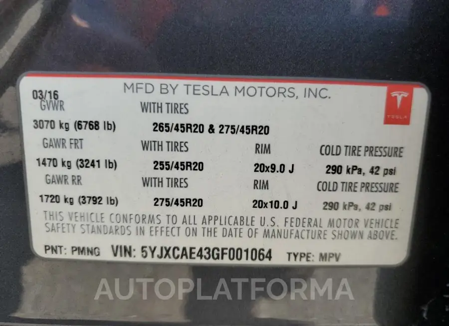 TESLA MODEL X 2016 vin 5YJXCAE43GF001064 from auto auction Copart