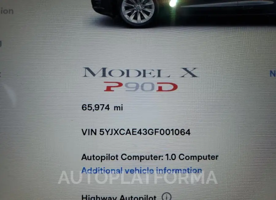 TESLA MODEL X 2016 vin 5YJXCAE43GF001064 from auto auction Copart