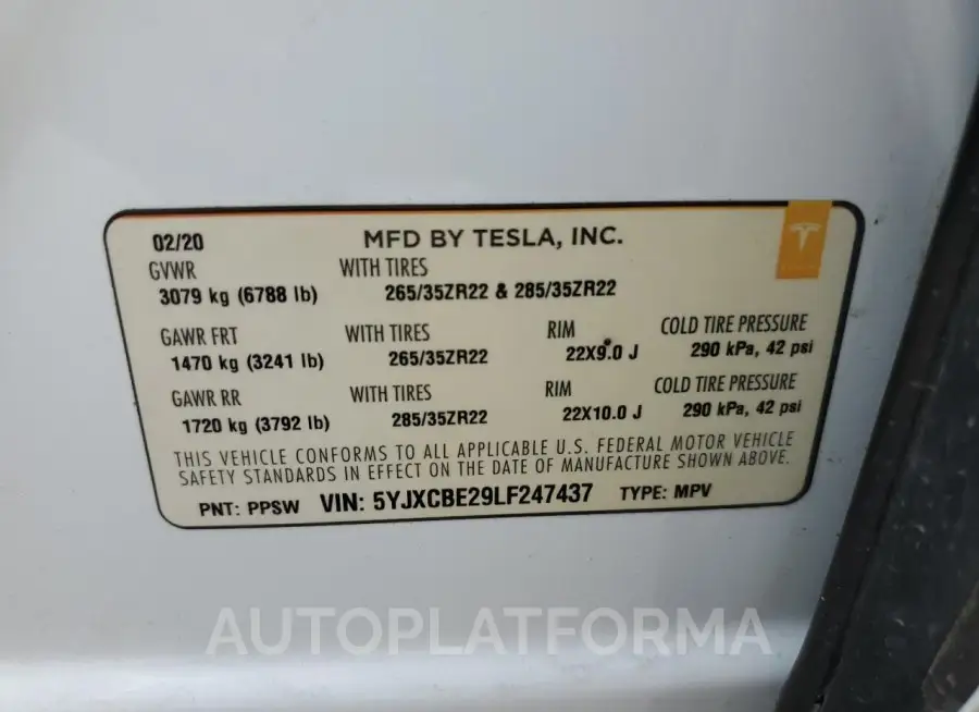 TESLA MODEL X 2020 vin 5YJXCBE29LF247437 from auto auction Copart