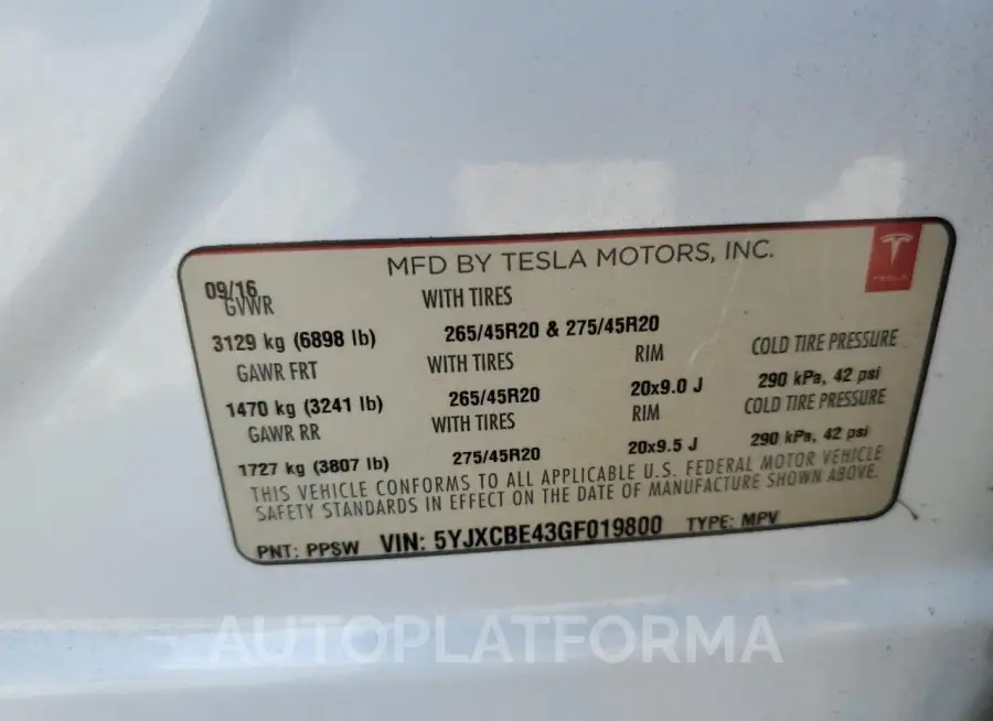 TESLA MODEL X 2016 vin 5YJXCBE43GF019800 from auto auction Copart