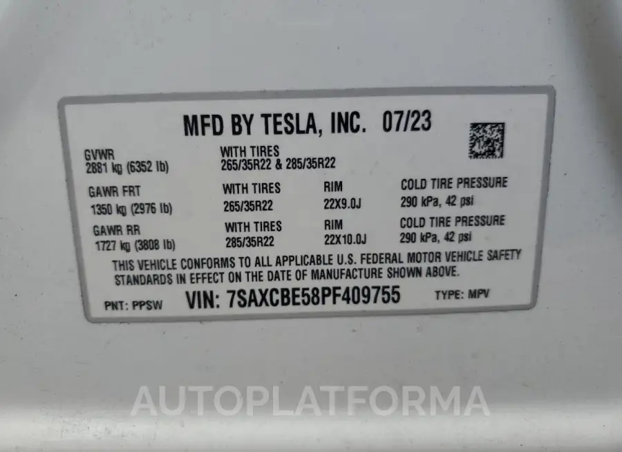 TESLA MODEL X 2023 vin 7SAXCBE58PF409755 from auto auction Copart