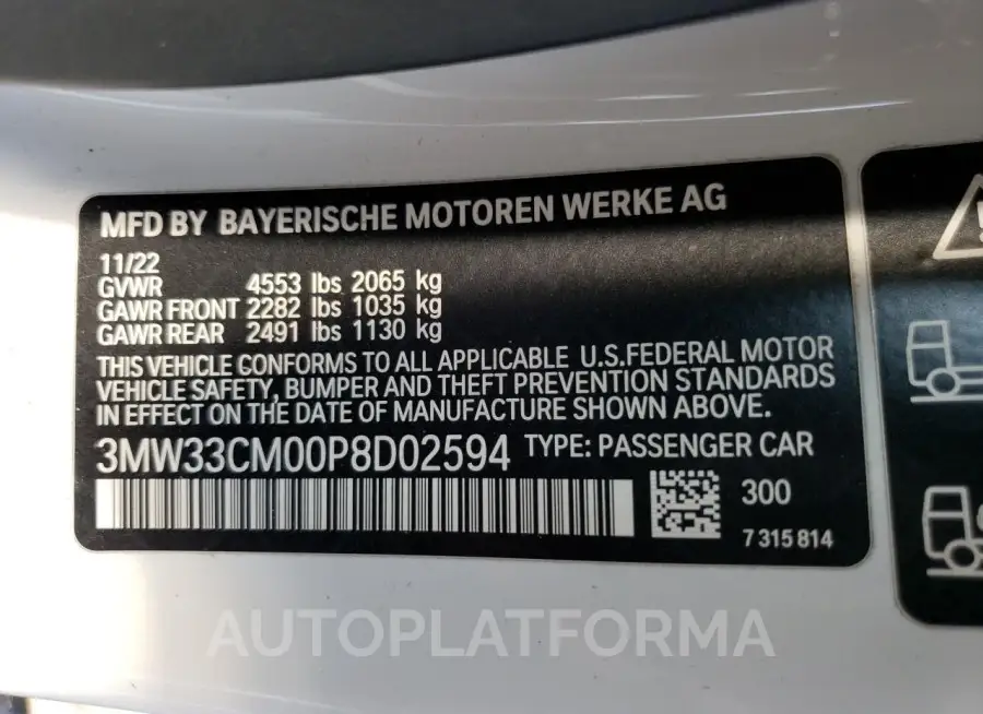 BMW 230XI 2023 vin 3MW33CM00P8D02594 from auto auction Copart